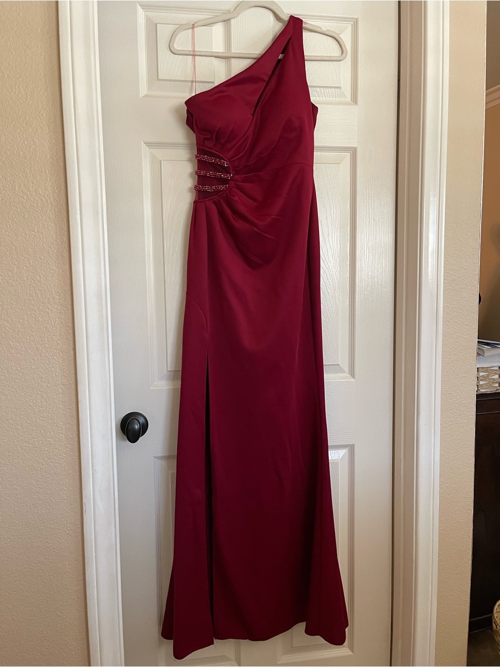 Chicwish One-Shoulder Burgundy Evening Gown with Beaded Side Detail